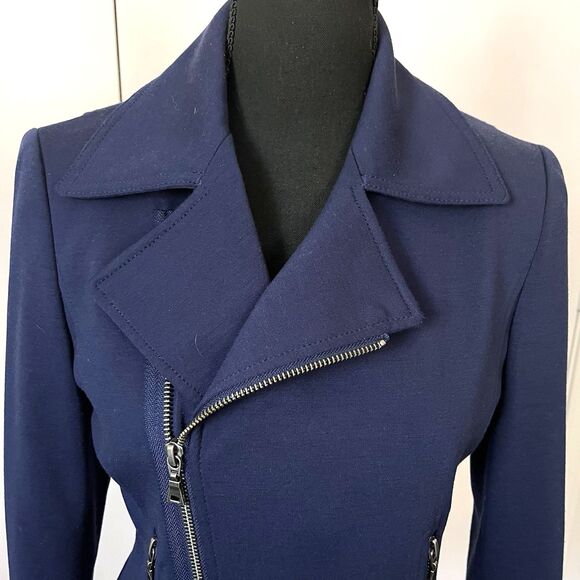 TAHARI blue asymmetrical full-zip jacket side zip pockets notch lapel Small - Picture 7 of 10